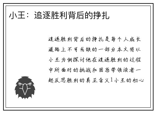 小王：追逐胜利背后的挣扎